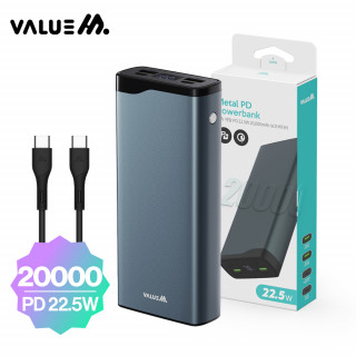 [밸류엠] 고속 메탈 PD 22.5W 보조배터리 20000mAh(CtoC 25W 0.2M 케이블 포함) [BOX (x20EA)단위 구매가능]